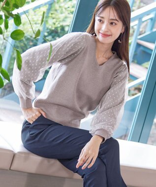 Tiaclasse L 【洗える】ドットチュールコンビニットトップス グレージュ