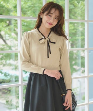  【洗える】ニットドッキング ボウタイワンピース