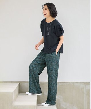 ANY 【洗濯機可/ウエストゴム】ウェーブプリントパンツ ネイビー