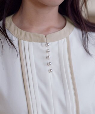 Tiaclasse L 【洗える】ピンタック配色ブラウス アイボリー×ベージュ