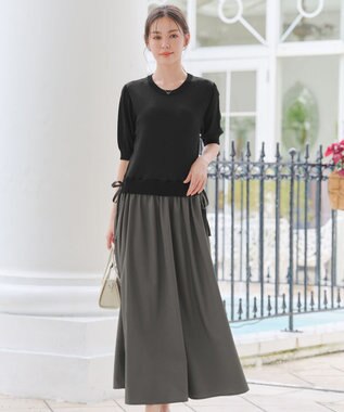 Tiaclasse L 【洗える】ニットドッキングワンピース ブラック×チャコールグレー