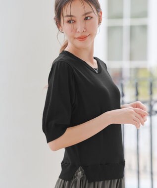 Tiaclasse L 【洗える】ニットドッキングワンピース ブラック×チャコールグレー