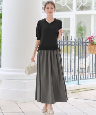 Tiaclasse L 【洗える】ニットドッキングワンピース ブラック×チャコールグレー