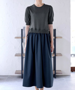 Tiaclasse L 【洗える】ニットドッキングワンピース チャコールグレー×ネイビー