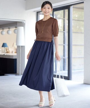 Tiaclasse L 【洗える】ニットドッキングワンピース ブラウン×ネイビー