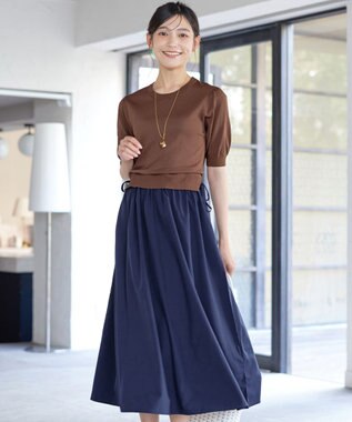 Tiaclasse L 【洗える】ニットドッキングワンピース ブラウン×ネイビー