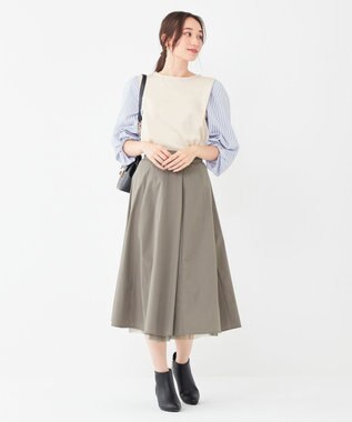 ANY SIS 【洗える】異素材コンビネジリパフ袖 プルオーバー アイボリー×ブルーストライプ