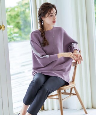 Tiaclasse 【洗える】配色ドルマンニットチュニック パープル×ラベンダー