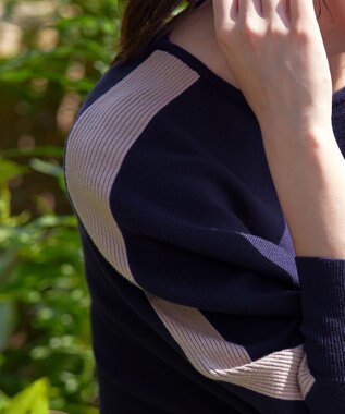 Tiaclasse 【洗える】配色ドルマンニットチュニック ネイビー×グレージュ