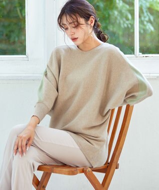 Tiaclasse 【洗える】配色ドルマンニットチュニック ベージュ×ミント