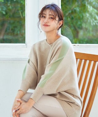 Tiaclasse 【洗える】配色ドルマンニットチュニック ベージュ×ミント