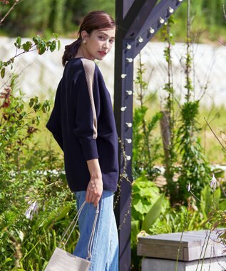 Tiaclasse 【洗える】配色ドルマンニットチュニック ネイビー×グレージュ