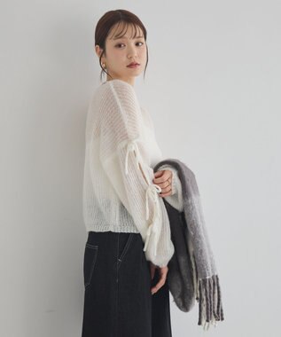 earth music&ecology サイドリボン透かしニットプルオーバー Off White