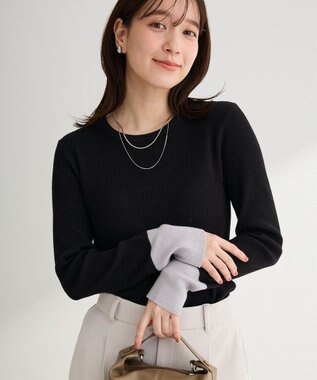 Green Parks アンチピリング袖配色ニットプルオーバー Black