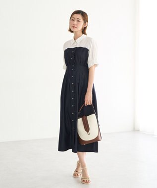 YECCA VECCA ハーフスリーブベアドッキングワンピース Navy
