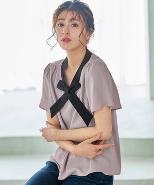 Tiaclasse 【洗える】配色リボンタイブラウス グレージュ