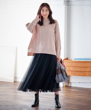 ANY 【6色展開】ソフトアクリルハイネックケーブルニット ピンク