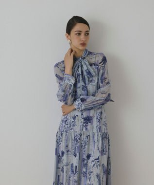 GRACE CONTINENTAL ロゴフラワ－プリントボウタイワンピース ブルー