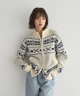 earth music&ecology ダブルzipノルディックカウチンニットカーディガン アイボリー