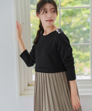 Tiaclasse L 【洗える】裏起毛ドッキングワンピース ブラック×グレージュ