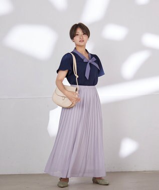 Tiaclasse L 【洗える】配色リボンタイブラウス ネイビー