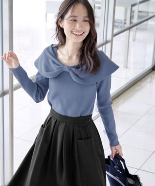 Tiaclasse リボン衿リブニットトップス ブルー