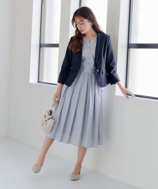 Tiaclasse 【洗える】ベルト付きストライプワンピース サックス