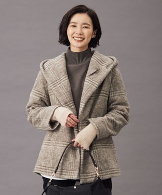 J.PRESS LADIES 【キルトピン付き】ECOLANAスライバーチェック フーデットアウター ブラウン系3
