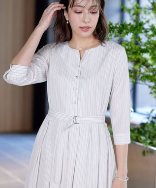 Tiaclasse L 【洗える】ベルト付きストライプワンピース オフホワイト