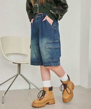 WEGO ヴィンテージウォッシュカーゴハーフパンツ デニム中濃色