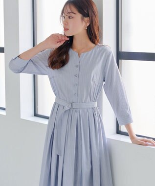 Tiaclasse L 【洗える】ベルト付きストライプワンピース サックス