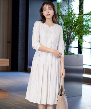 Tiaclasse 【洗える】ベルト付きストライプワンピース オフホワイト