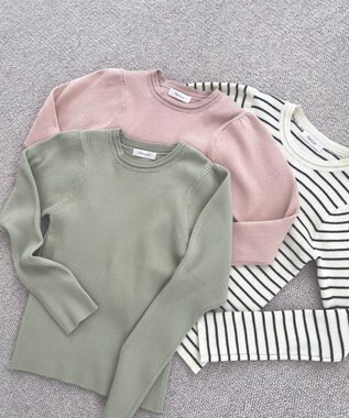 Feroux 【洗える】パフショルダーリブ ニット ライトグリーン系