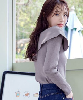 Tiaclasse リボン衿リブニットトップス ラベンダー