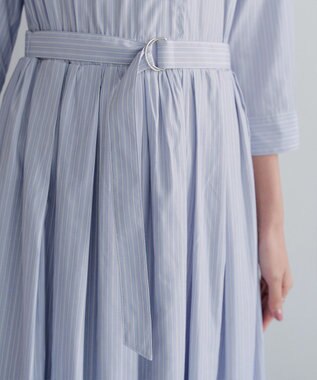 Tiaclasse 【洗える】ベルト付きストライプワンピース サックス