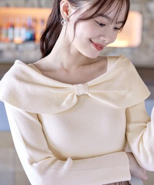 Tiaclasse リボン衿リブニットトップス オフホワイト