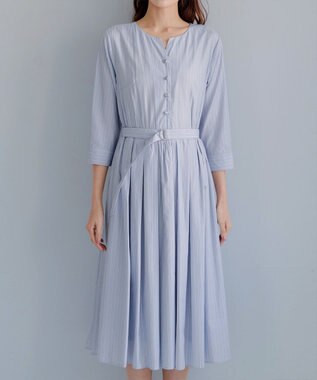 Tiaclasse 【洗える】ベルト付きストライプワンピース サックス