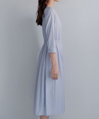 Tiaclasse L 【洗える】ベルト付きストライプワンピース サックス