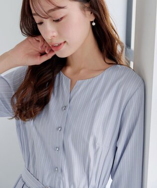 Tiaclasse 【洗える】ベルト付きストライプワンピース サックス