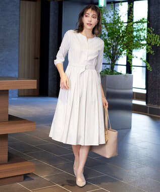 Tiaclasse 【洗える】ベルト付きストライプワンピース オフホワイト