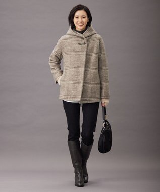 J.PRESS LADIES 【キルトピン付き】ECOLANAスライバーチェック フーデットアウター ブラウン系3