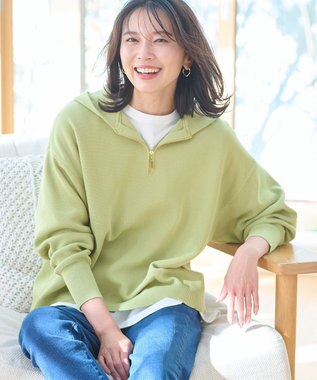 ANY 【洗濯機可】ハーフジップアップ ニットフーディ グリーン