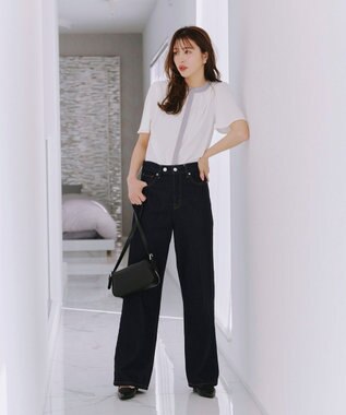 Tiaclasse L 【新色追加・洗える】フロントタック配色ブラウス オフ×グレー