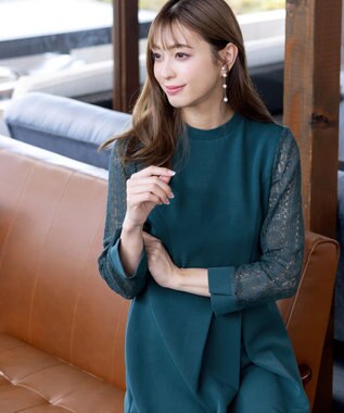 Tiaclasse L 【洗える】レーススリーブワンピース ターコイズ