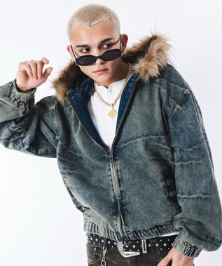 WEGO 【ユニセックス着用ITEM】ファーフードスラッシュデニムブルゾン デニム淡加工色