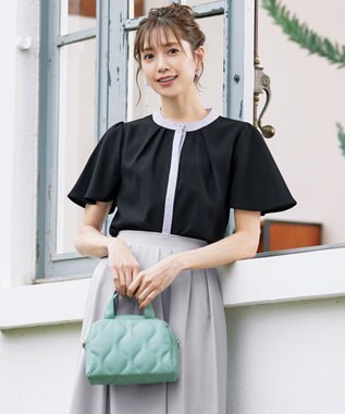 Tiaclasse L 【新色追加・洗える】フロントタック配色ブラウス ブラック×グレー