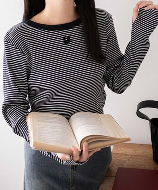 WEGO ワンポイントデザインフィンガーホールリブロンT ブラックボーダー