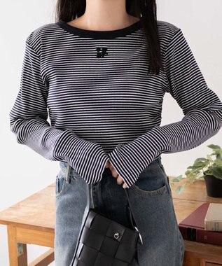 WEGO ワンポイントデザインフィンガーホールリブロンT ブラックボーダー