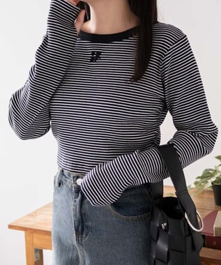 WEGO ワンポイントデザインフィンガーホールリブロンT ブラックボーダー