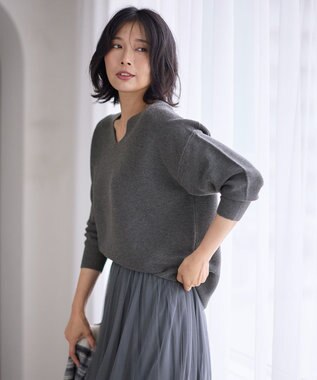 ANY 【洗濯機可】Ｖネックラメガーターニット グレー